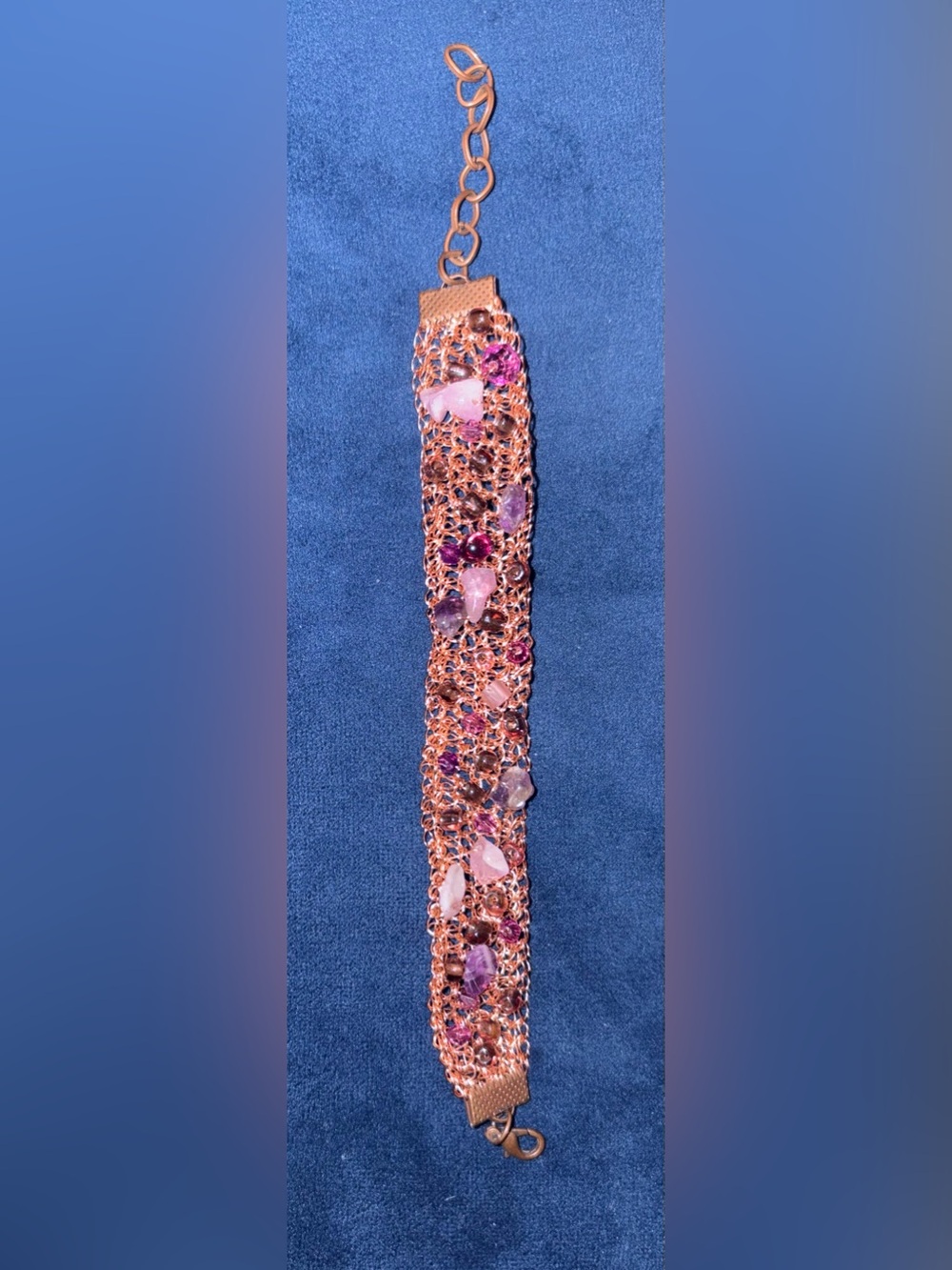 Handmade Rose Gold-Tone Beaded Wide Bracelet with Pink & Purple Stones